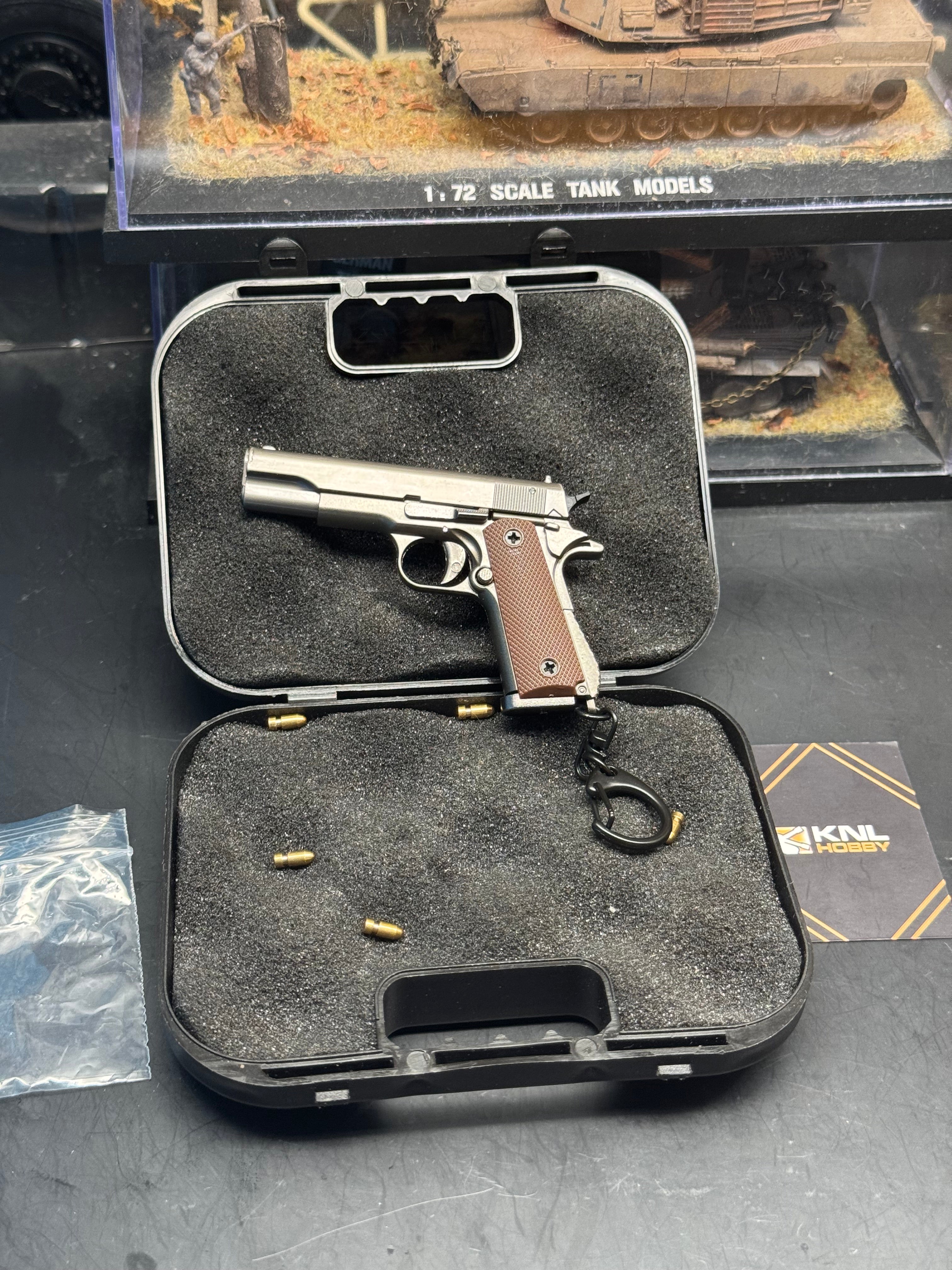 M1911 metal model keychain 1/3 scale gray gunmetal color with bullet ejection function and storage suitcase